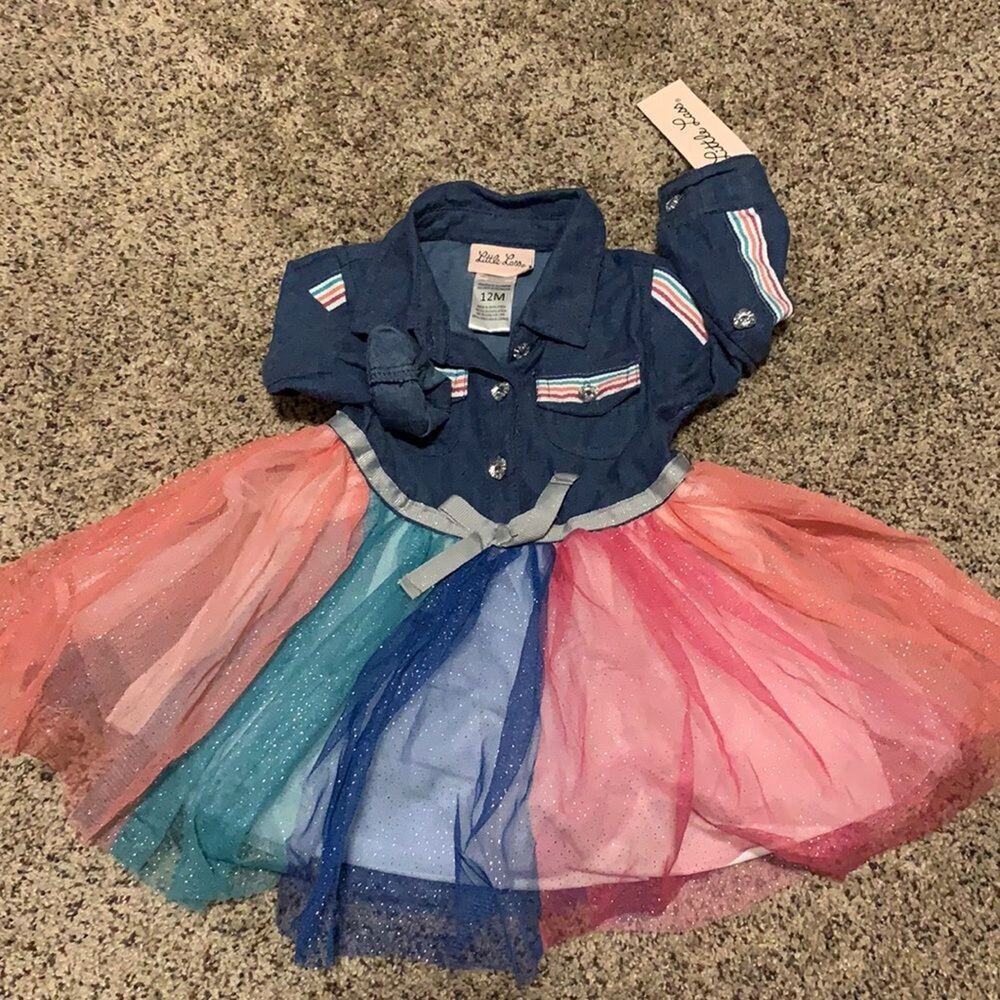Little Lass Baby Girl Dress 12M Rainbow Tutu Denim Bodice Glitter NWT